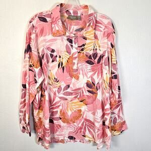 Naturals D&Co Blouse 2X Pink Leaf Linen Blend Coastal Spring Essential Boho Chic